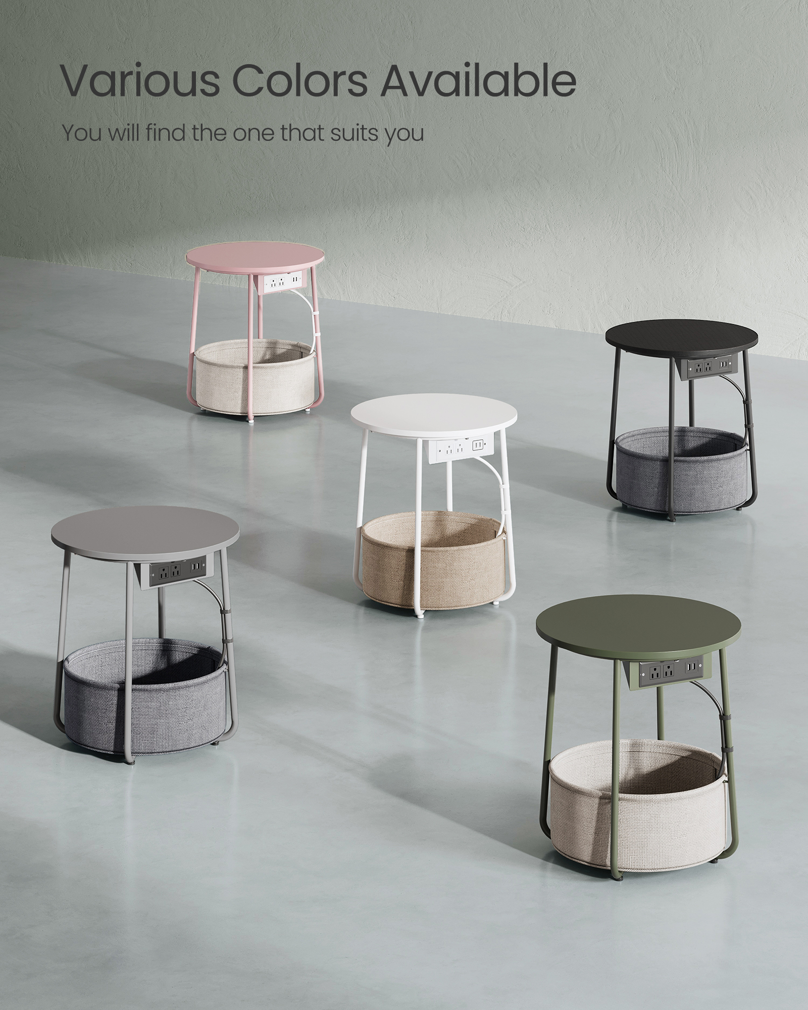 VASAGLE LILEA Collection - Side Table with Charging Station, Round End Table with Fabric Basket, Nightstand with USB Ports, for Living Room, Bedroom, Modern, Forest Green and Cream White