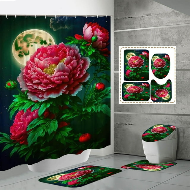 Ensemble de Rideaux de Douche 4 Pcs pour la Saint-Valentin avec Tapis Ensemble de Rideaux de Douche pour Salle de Bain avec Rideau de Douche et Tapis Ensembles de Toilettes pour Amoureux Salle de Bain Mince