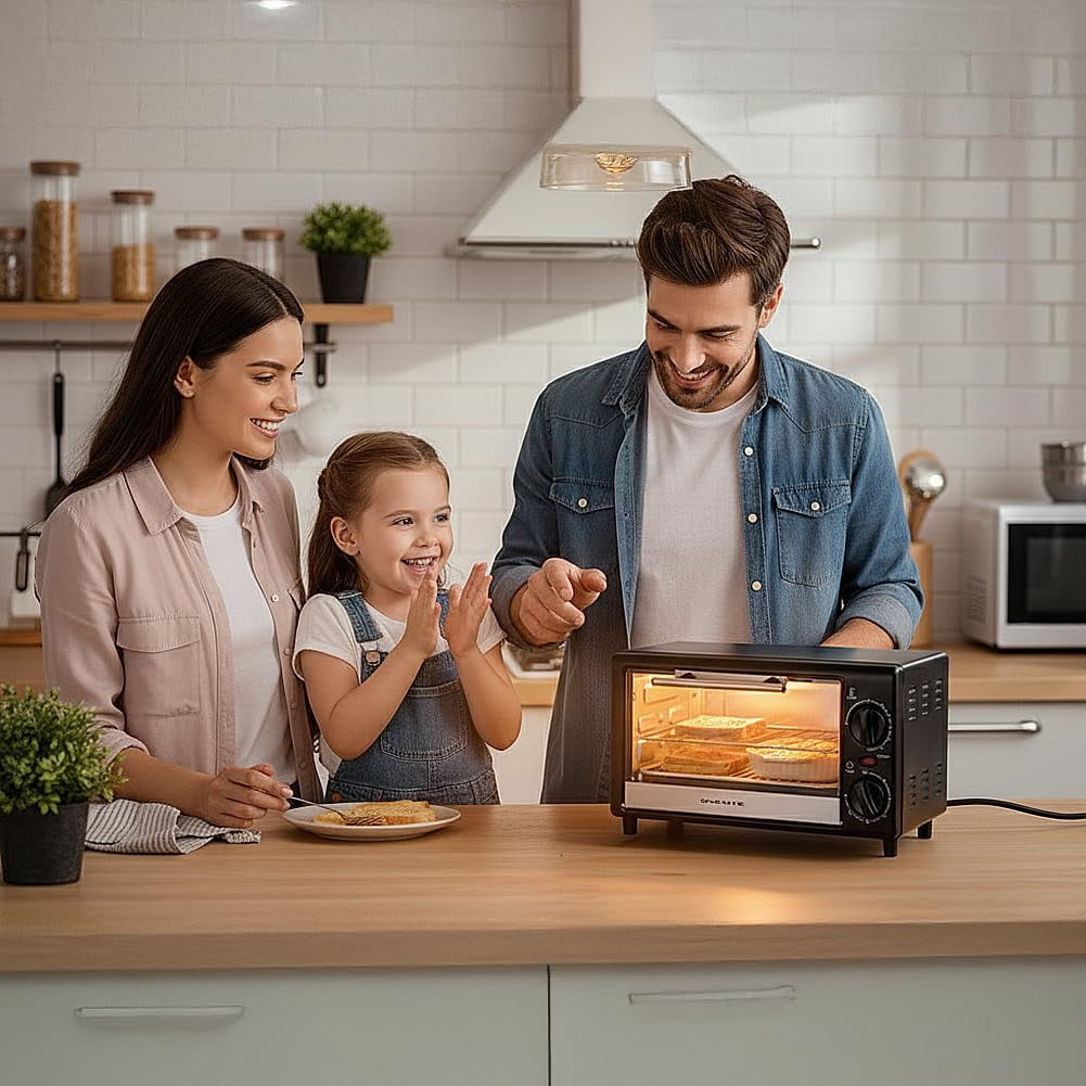 OVENTE 8L Countertop Toaster Oven with 60-Minute Timer, Adjustable Temperature Control, Easy-to-Clean Baking Pan, 750W Compact Mini for Pizza, Toast, Bake, and Broil, Black TO2808B