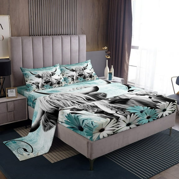 Erosebridal Highland Cow Print Bed Sheets Full,Teal Western Farmhouse Sheet Set Rustic Home Decor,Longhorn Cattle Farm Animals Fitted Sheet Daisy Floral Bedding Set Cowboys