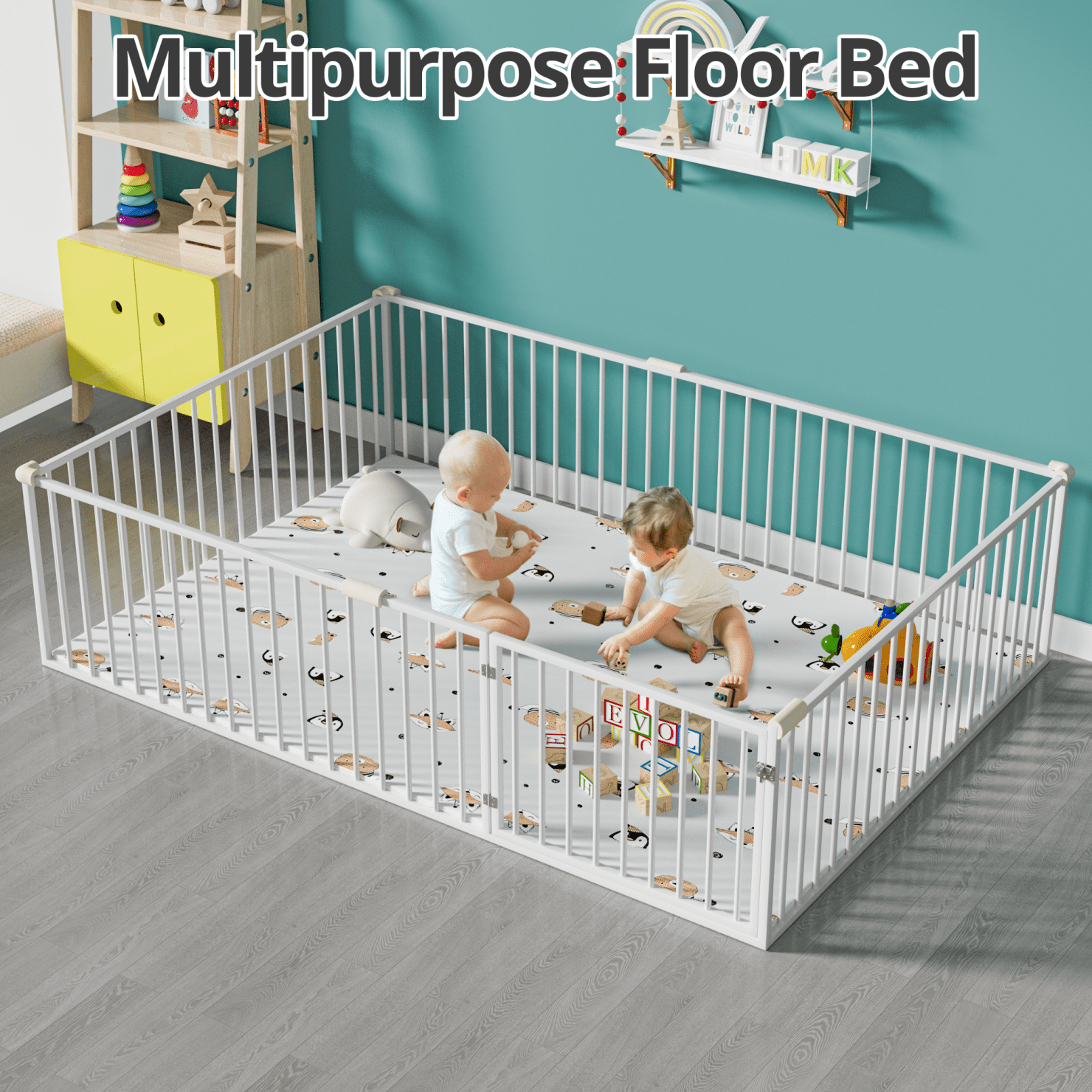 Full Size Metal Floor Bed Frame with Fence and Door, Montessori Bedframe, No Box Spring Needed, Easy to Install, White
