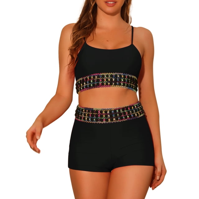 Conjuntos de bikini de color contrastante para mujer de 2 piezas, traje de baño de cintura alta con escote redondo, talla X-Large, negro