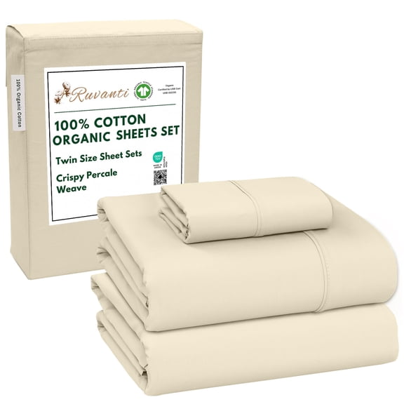 RUVANTI 100% Organic Cotton Sheets - Twin Sheet Set - 3 Piece Percale Weave Bedding, Crisp, Cooling & Breathable, Soft & Durable, 16" Deep Pocket, Hotel Quality Sábanas - Cloud Cream