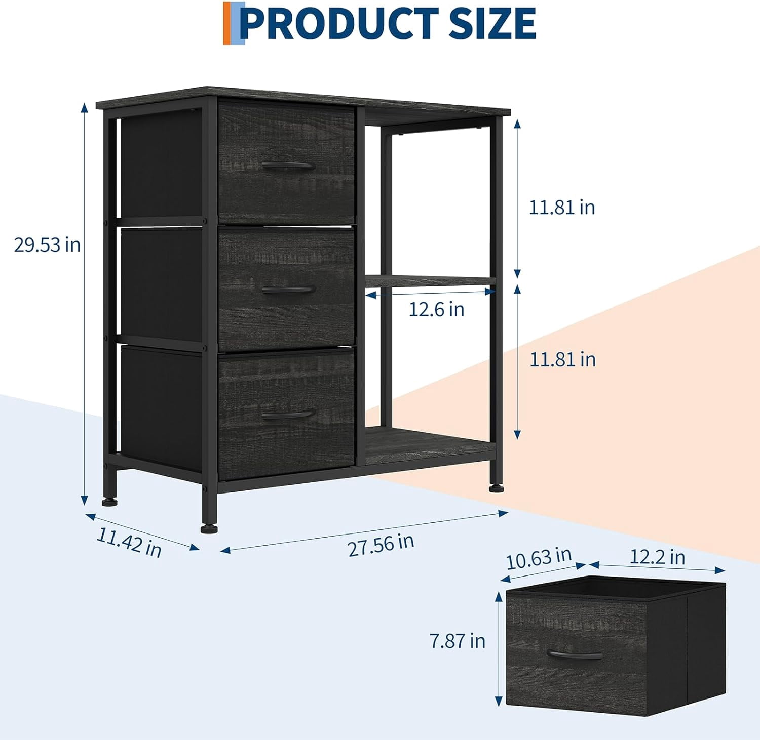 3 Drawer File Cabinet, Printer Stand with 2 Open Storage Shelves, Fabric Filing Cabinet Under Desk Office Organizer for Home Office, Modern Storage Solution, Black