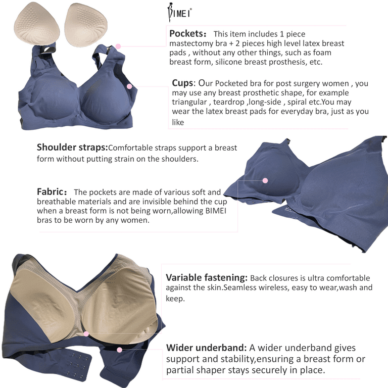 BIMEI Seamless Mastectomy Bra for Women Breast Prosthesis with Pockets  Sleep Bras Soft Daily Bras with Removable Pads,Beige,XL