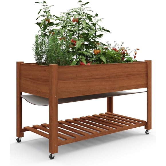 48x24x30 Inch Wooden Raised Garden Bed with Wheels Elevated Planter Box with Storage Shelf and Liner Mobile Outdoor Indoor Garden Planter for Vegetables Herbs and Flowers