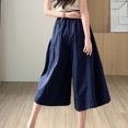 thumbnail image 4 of Women's Wide Leg Capris Fshion Elastic Waist Solid Pants with Pockets High Waist Casual Dress Crop Pants Loose Fit Trousers(Free Size,Blue), 4 of 5