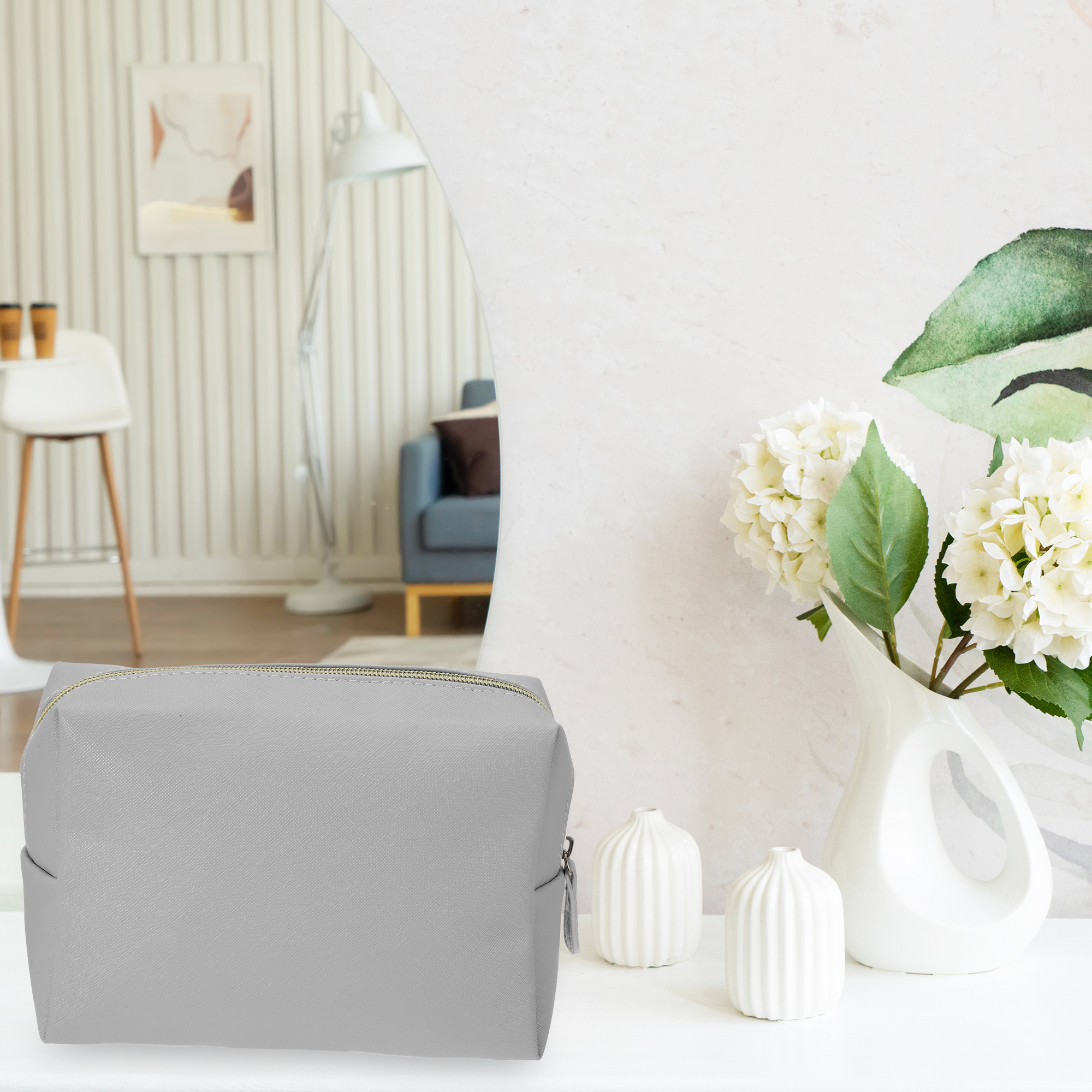 Unique Bargains PU Leather Makeup Bag Make Up Organizer Bag Toiletry Bag L Size Gray