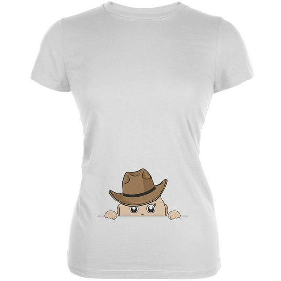 Peeking Baby Cowboy White Juniors Soft T-Shirt - Large