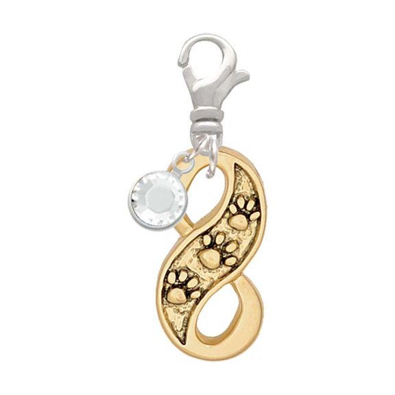 Delight Jewelry Goldtone Paw Prints Infinity - Silvertone Clip on Charm with Clear Crystal Drop