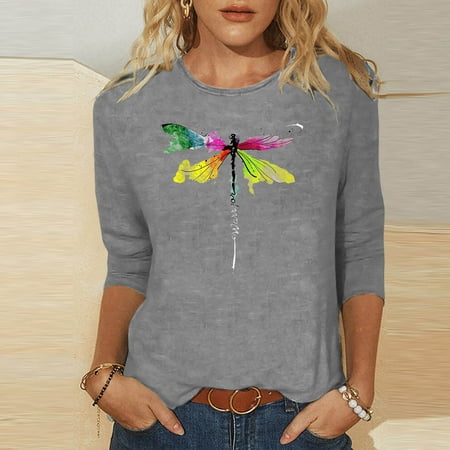 

Aumfer Plus Size Tops For Women Loose Fit Scrub Print Women s Fashion Printed Loose T-shirt Mid-length 3/4 Sleeves Blouse Round Neck Casual Tops Gray