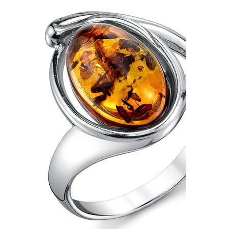 Baltic Honey Amber Ring - Sterling Silver Baltic Amber Ring with Cognac Color Oval Shape Center 5 - 9