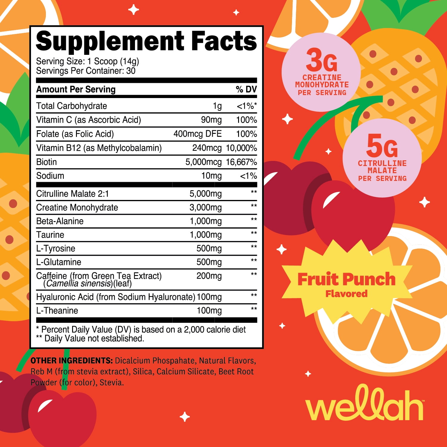 Wellah Pre-Workout + Creatine Powder (30 Servings) Fruit Punch - 200mg Caffeine, 3g Creatine Monohydrate, 5g Citrulline Malate, Pre-Workout with Creatine Supplement
