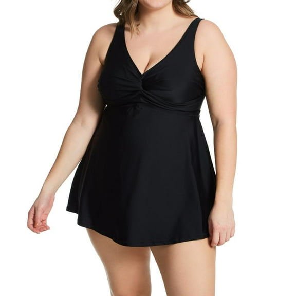 Women's Raisins Curve J840085 Plus Atlantic Solids Lucia Plunge 1 Pc Swim Dress (Black 24W)