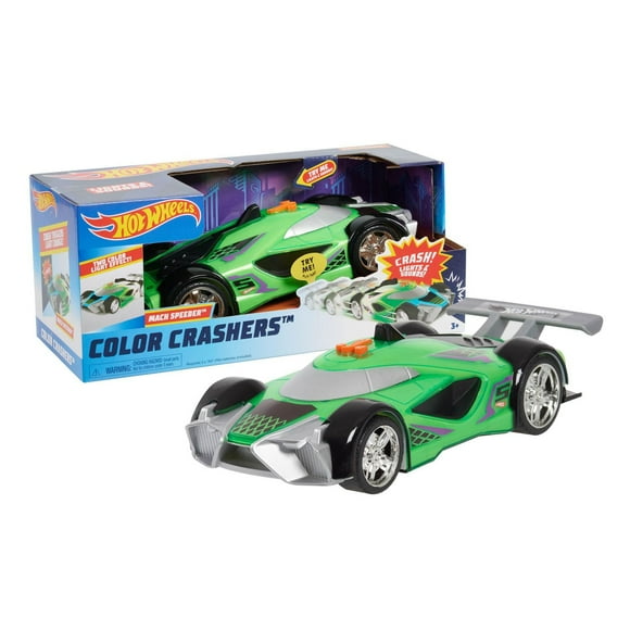 Hot Wheels Color Crashers Mach Speeder Vehicle, 10-Inch Green Motorized Toy Car with Lights and Realistic Racing Sounds