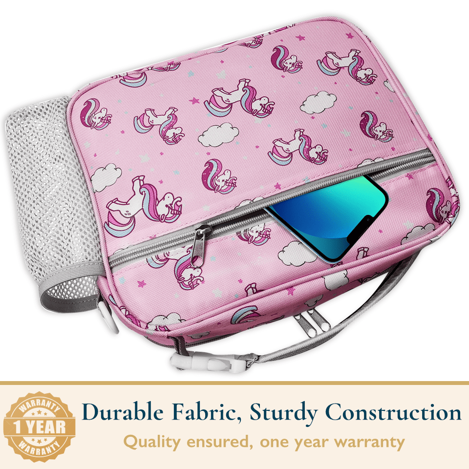 ComfiTime Lunch Bag for Kids – Insulated Lunch Box for Girls and Boys, Cute Reusable Cooler Bag with Zipper Pockets, Bottle Holder, Padded Handles and Shoulder Strap (Pink Unicorn)
