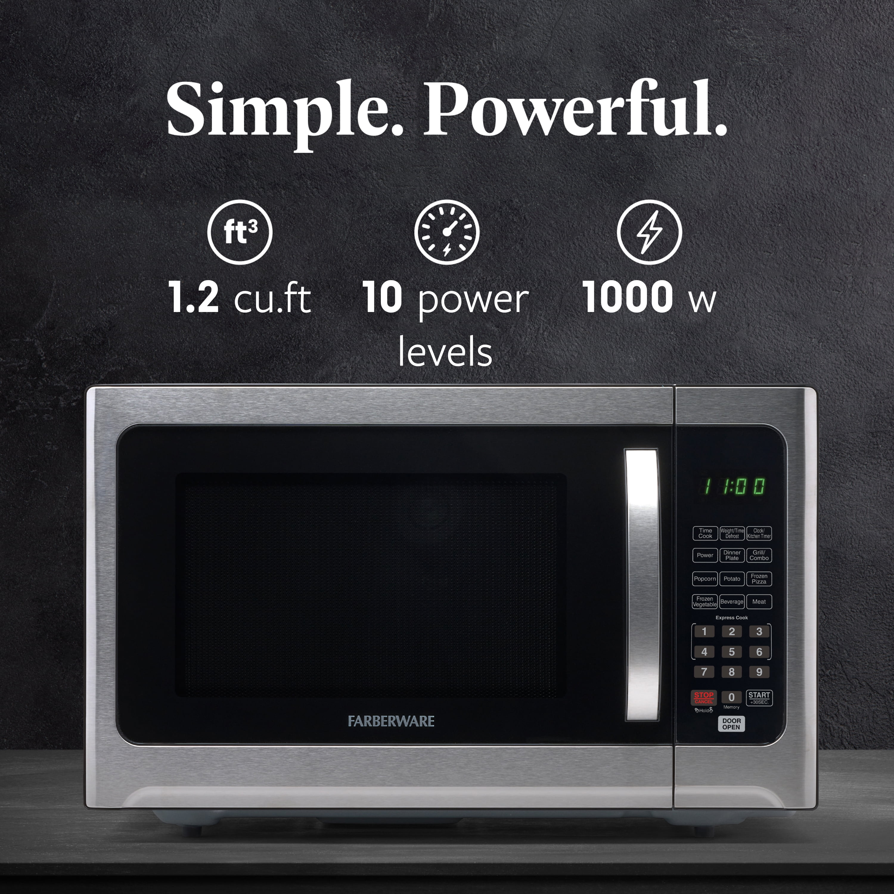 Farberware 1.2 cu ft Microwave Oven, 1000W Compact Microwave Oven with LED Display, Stainless Grill