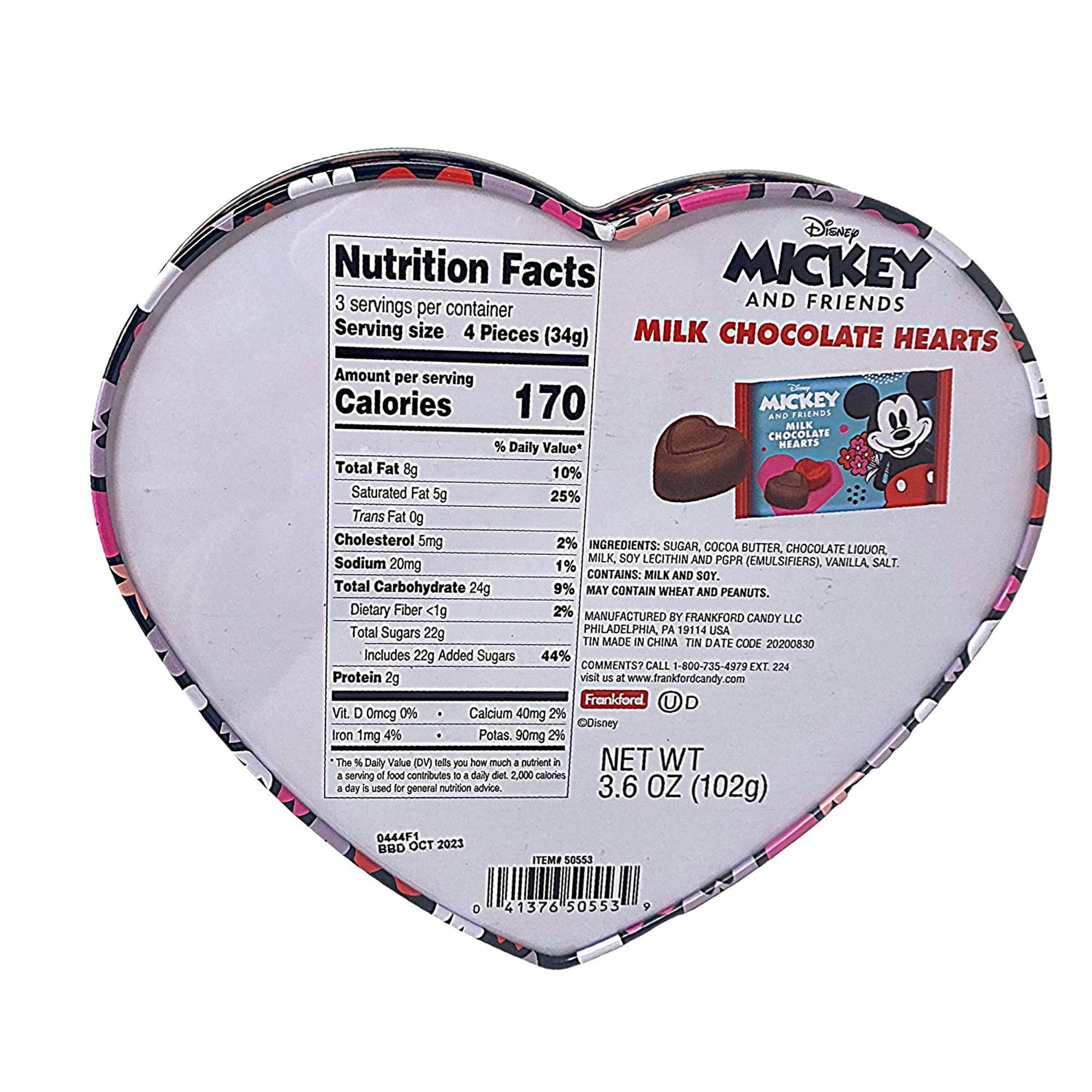 Mickey and Minnie Heart Tin, Anniversary Candy Milk Chocolate Hearts, 3.6 Ounces