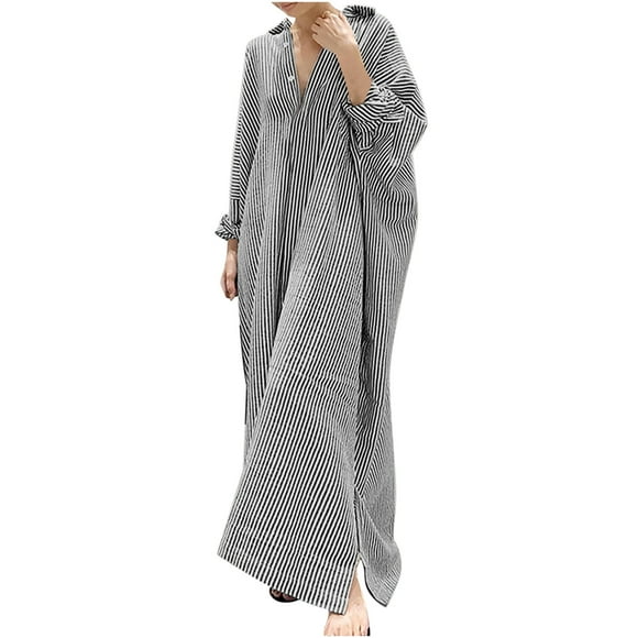 Women's Maxi Shirt Dress Cotton Linen Clearance Stripe Long Sleeve Autumn Dresses Boho Turndown Collar Button Leisure Comfy Vintage Holiday Black L