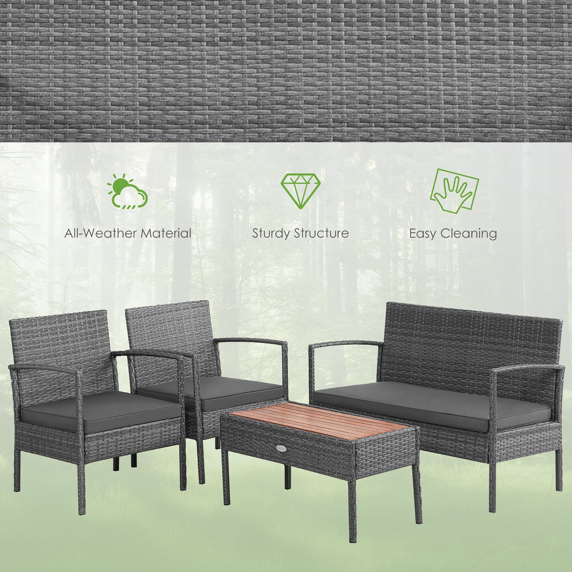 Costway 4-Piece Rattan Patio Furniture Set with Cushioned Chairs and Wooden Tabletop, Gray