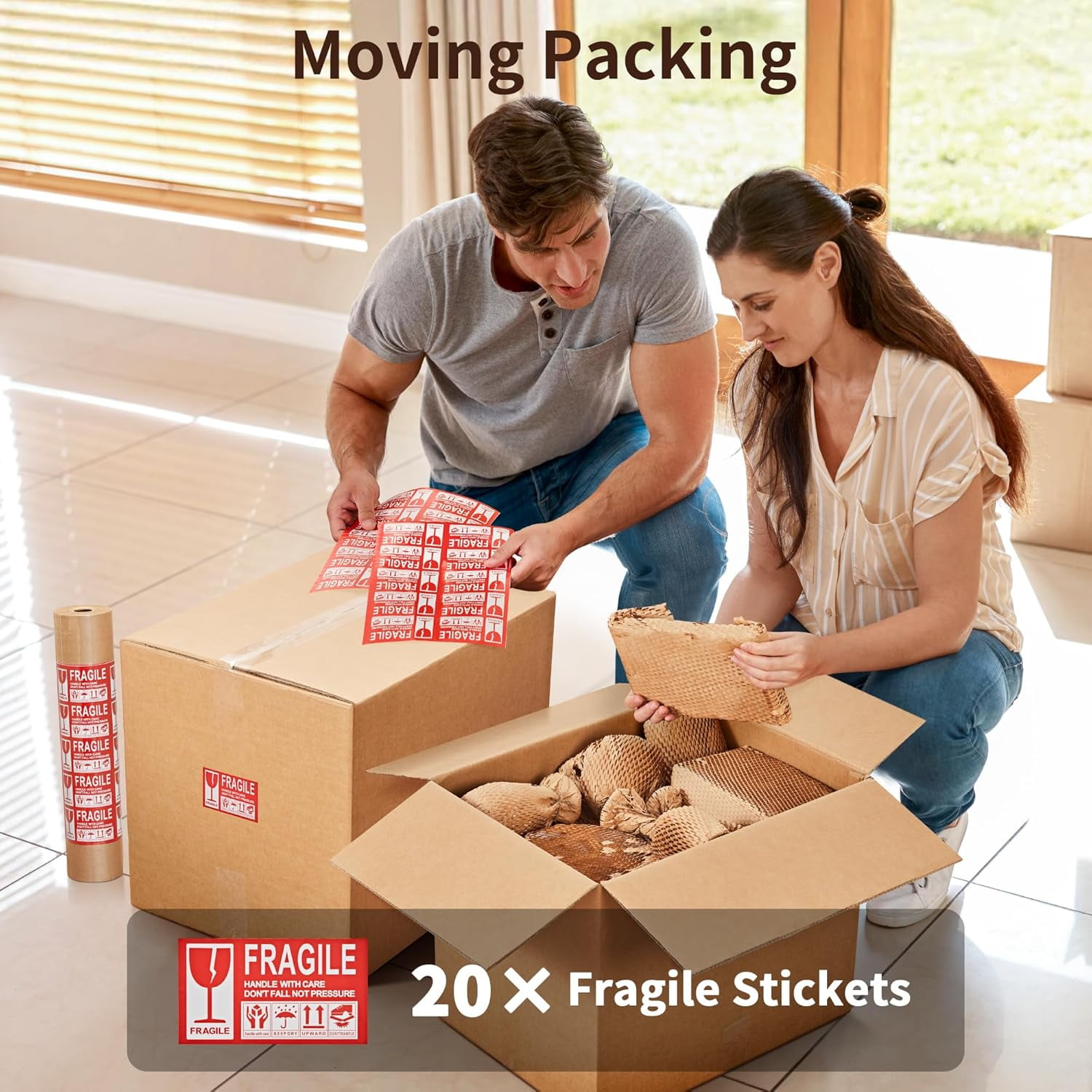 Honeycomb Packing Paper, 15"x 164' Bubble Packing Wrap for Packing Shipping Moving Bubble Packing Paper Wrapping Roll Recyclable Moving Supplies With 20 Fragile Sticker Labels