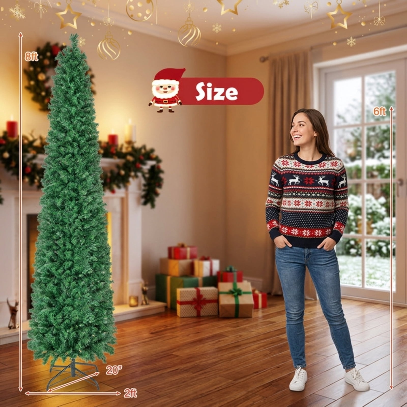 RUIE 8 ft Pre-Lit Pencil Christmas Tree, Slim Green Artificial Xmas Tree with Fiber Optic Lights and 889 Branch Tips for Corners