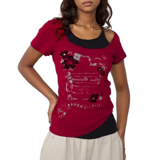 AQUARIVE Hauts Basiques d'Été pour Femmes Col Découpé Vintage Design à Couches Manches Courtes T-Shirt Tee-Shirt pour Femmes Rouge S