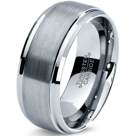 Charming Jewelers Tungsten Wedding Band Ring 8mm for Men Women Comfort Fit Step Beveled Edge Brushed Lifetime Guarantee