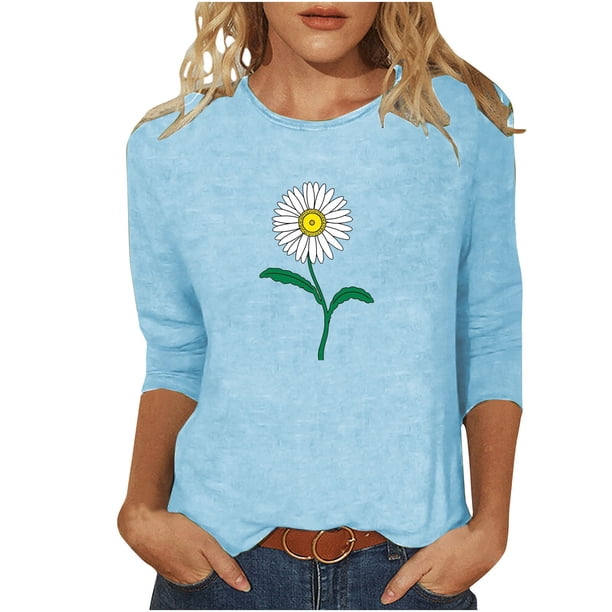 Camisetas Casuales de las Mujeres de Moda Impresa 3/4 Mangas Blusa Cuello Redondo para el Hogar Y Diario