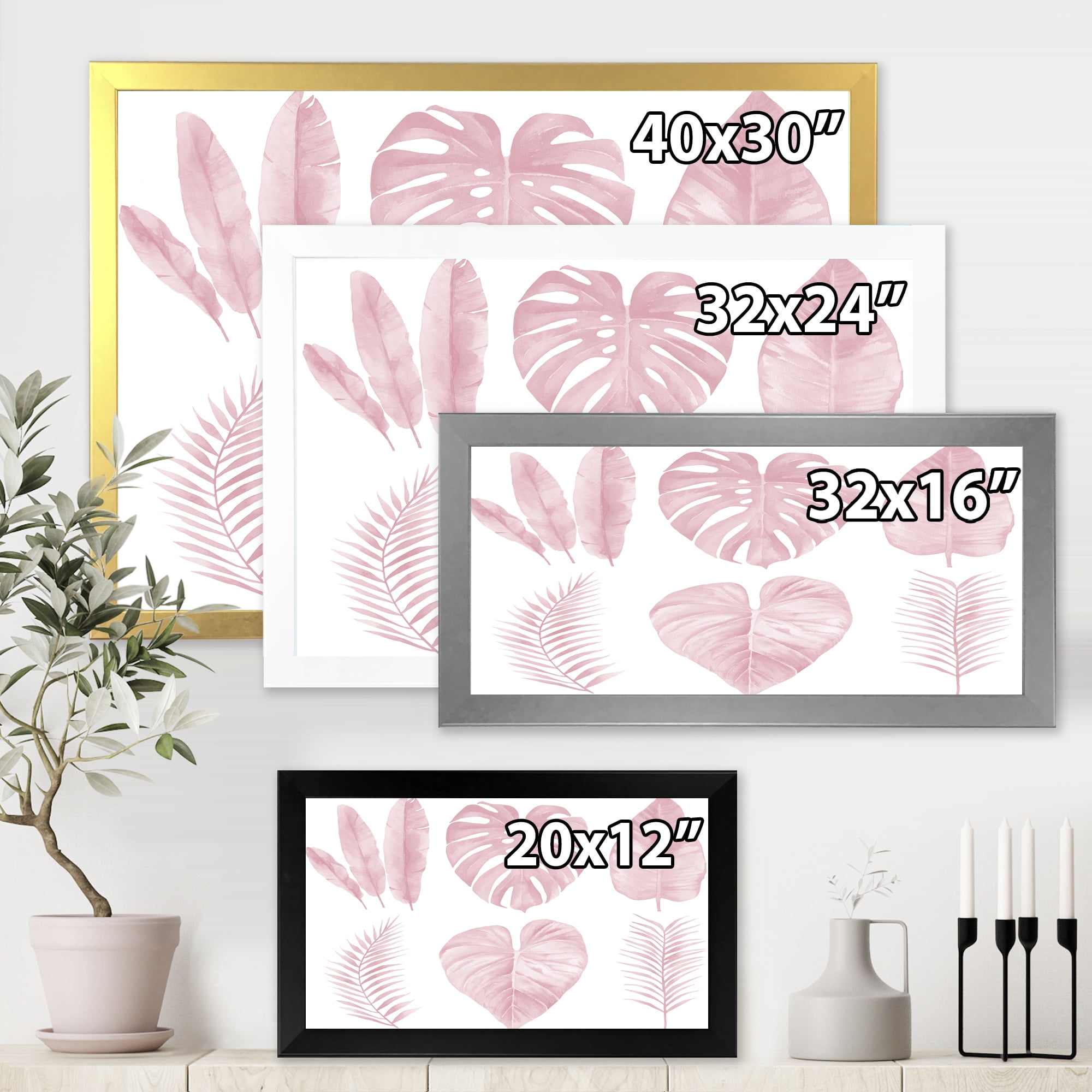 Designart 'Tropical Pink Watercolour Leaves On White I' Shabby Chic Framed Art Print