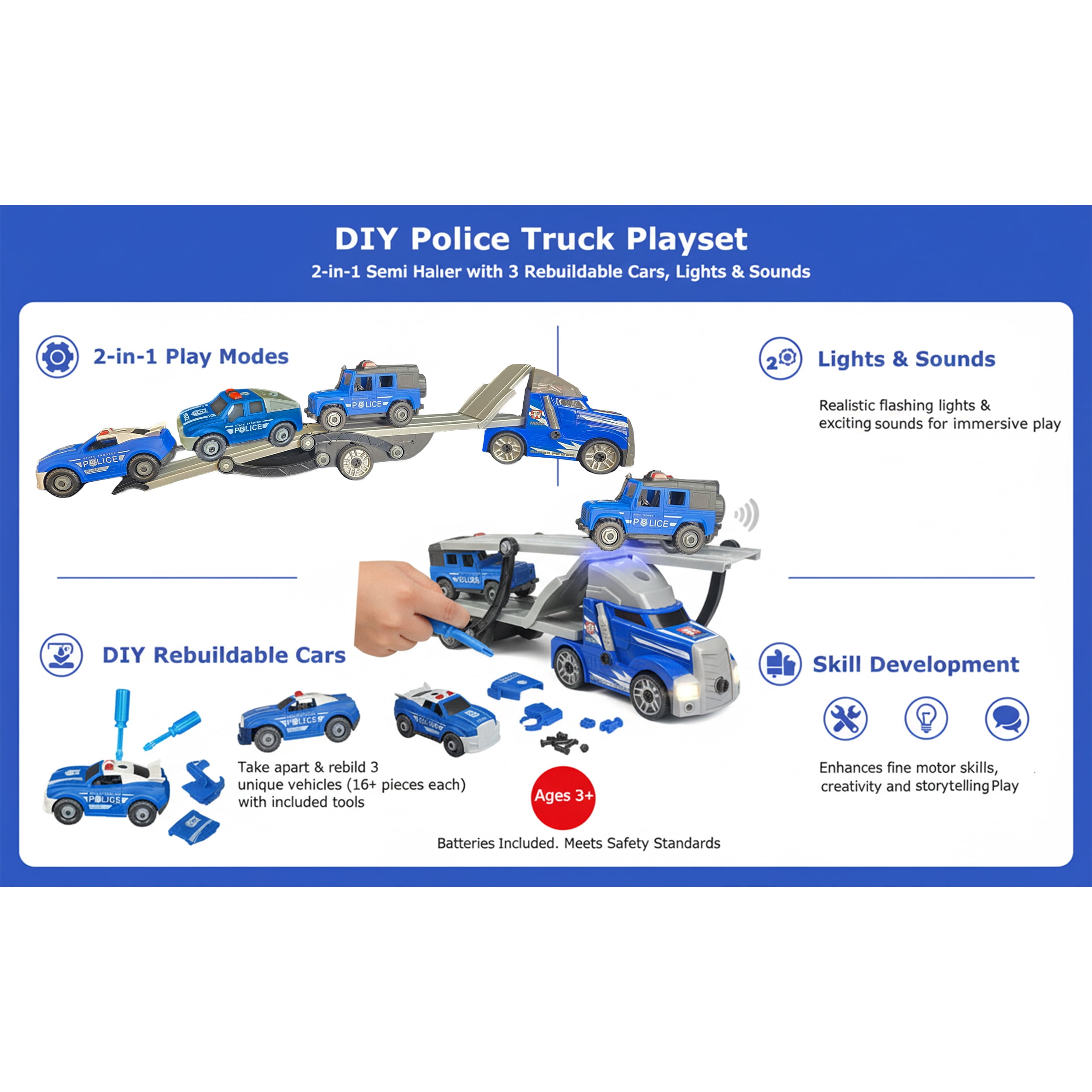 3 in 1 Police Station + Fire Station Toy Kid PlaySet with Fire Truck++Police Car and 2 Helicopters and 15 sports cars