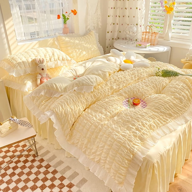 Juego de cama de princesa Kawaii Seersucker para niñas, algodón lavado, estilo coreano, funda de edredón de encaje con volantes de lujo, falda de cama tamaño Queen