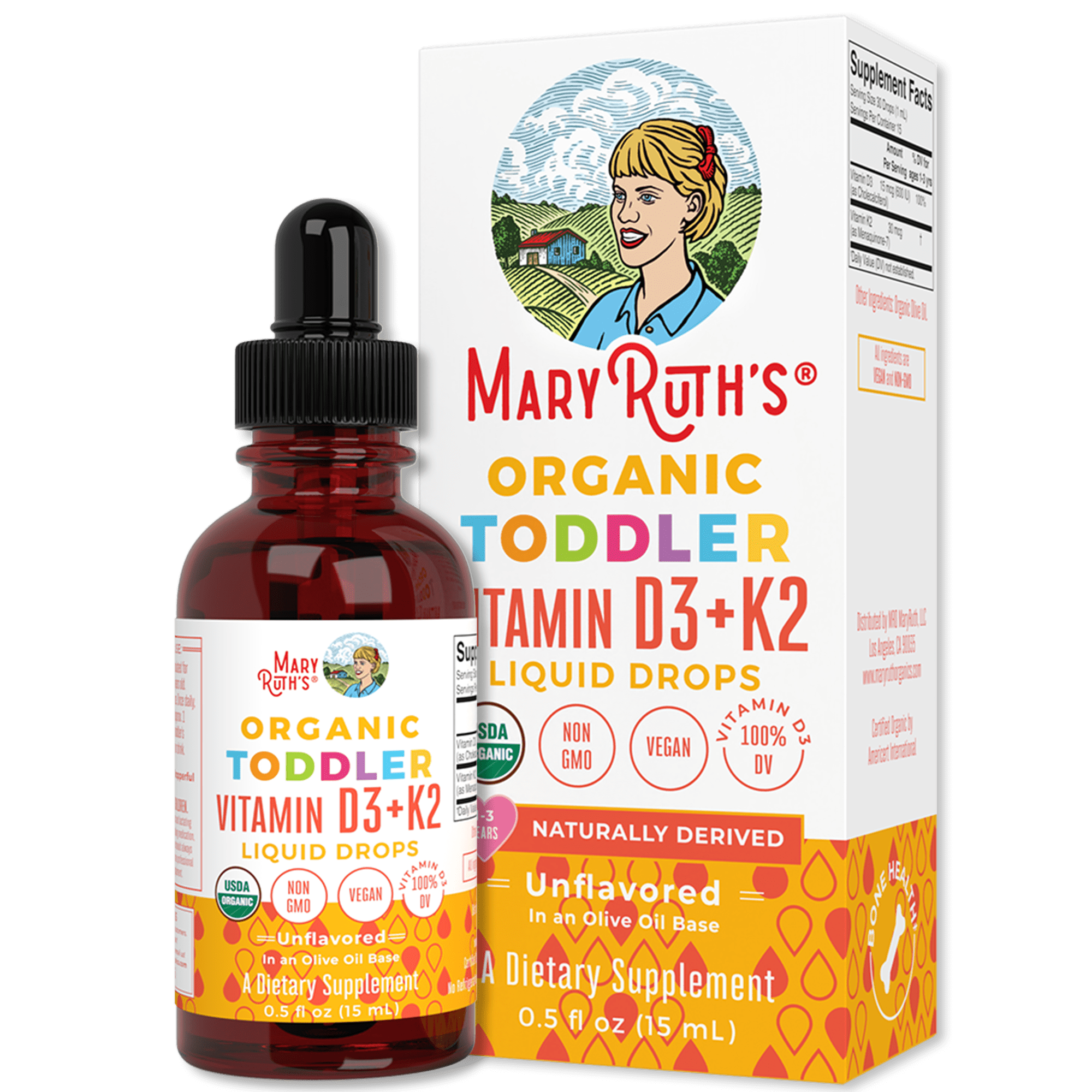 MaryRuth's Organic Toddler Vitamin D3+K2 Liquid Drops, 0.5 fl oz, Calcium Supplement