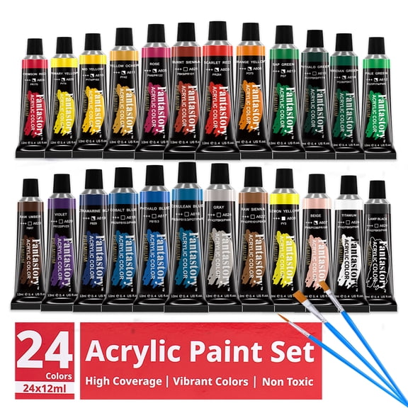 Fantastory Acrylic Paint Set, 24 Colors 12ML Tubes with 3 Paint Brushes, Portable Craft Paint Set for Painters