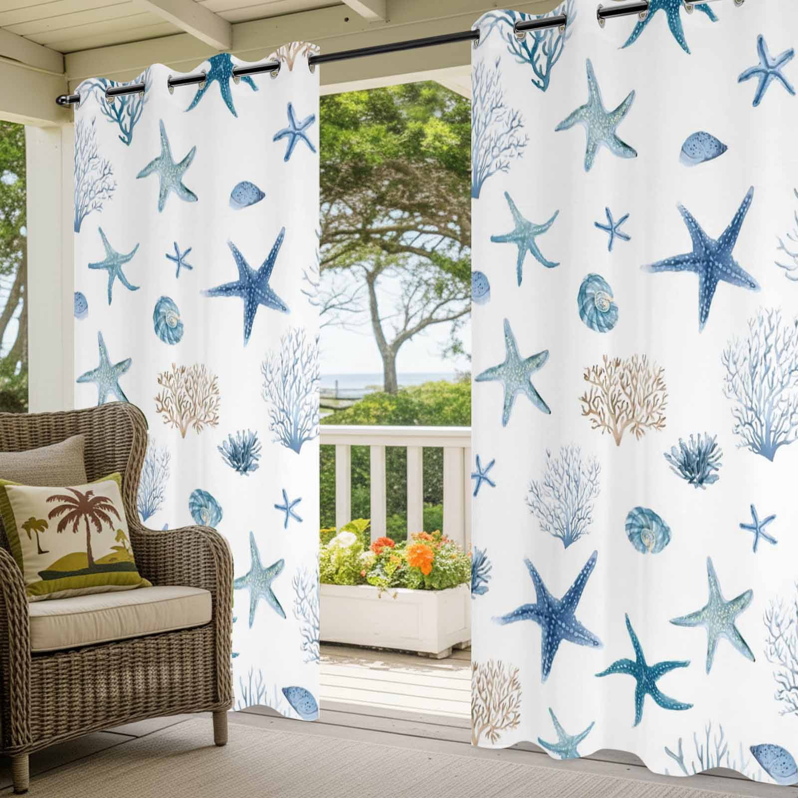Oceans Animal Outdoor Curtains for Patio, Summer Blue Starfish Seanut Coral Seagrass Sunshade Privacy Drapes Grommet Waterproof Outside Curtains for Porch/Cabana/Balcony 54"x 108", 1 Panel