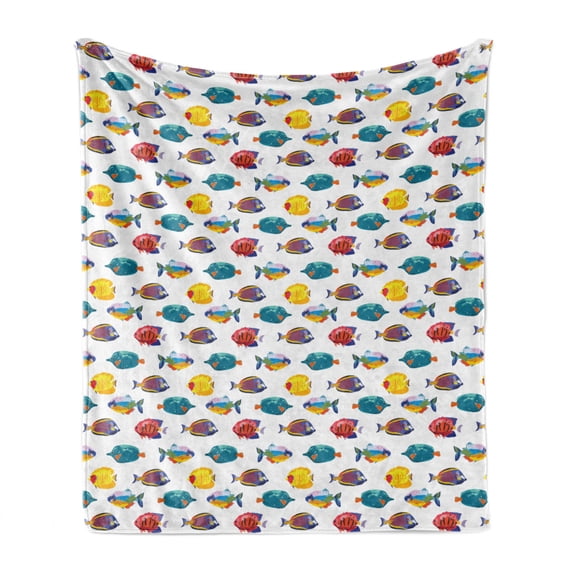 Fish Soft Flannel Fleece Blanket, Colorful Modern Artwork with Repeating Tropical and Exotic Fish Species Pattern Print, Cozy Plush for Indoor and Outdoor Use, 50" x 70", Multicolor, by Ambesonne