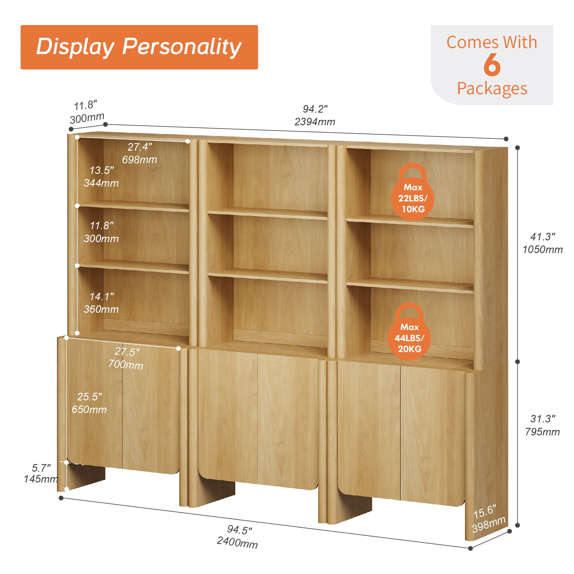 94.5-Inch Modern French Bookcase with Curved Edges, Doors and Open Shelves, 72.8" Tall, Oak