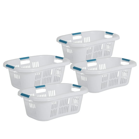 Rubbermaid Small Laundry Basket, 2.1 Bushel Hip-Hugger Plastic Clothing Bin, White, 4 Pack