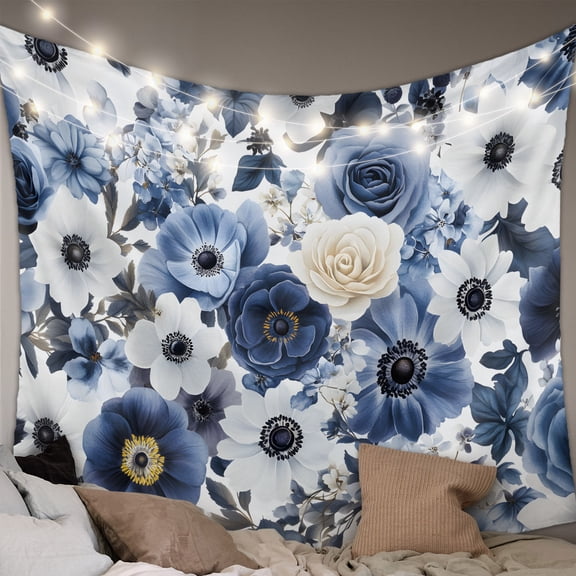 Blue Flower Large Tapestry for Bedroom Wall Hanging Tapestry, Vintage Ink Rose Floral Spring Botanical Ceiling Backdrop Tapestries Poster Blanket Wall Decor for Teens Room Living Room Dorm 100" x 59"