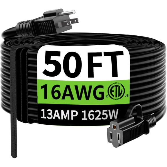 Indoor Outdoor Black Extension Cord 50 ft Waterproof, 16/3 Gauge Flexible Resistant Appliance Extension Cord Outside, 13A 1625W 16AWG SJTW, 3 Prong Electric Cable, ETL Listed