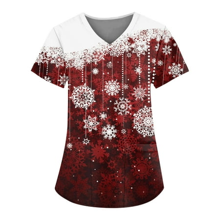 

Don t Miss Out! Gomind Scrubs Top for Women Christmas Printed Women s Fashion V-neck Short Sleeve with Pockets Christmas Printed Tops White L