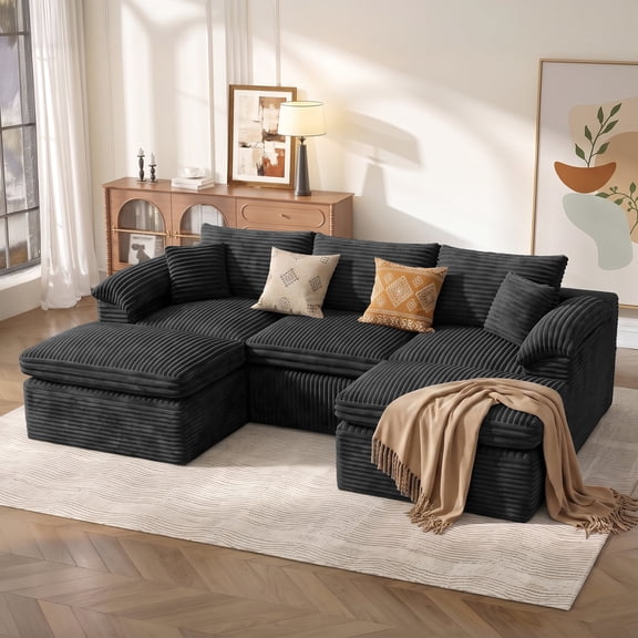 Garaneeds 106" U-Shaped Modular Boneless Sectional Sofa for Living Room, 5-Piece Couch with 2 Ottomans, 43" Deep Seats, Corduroy Fabric, Black