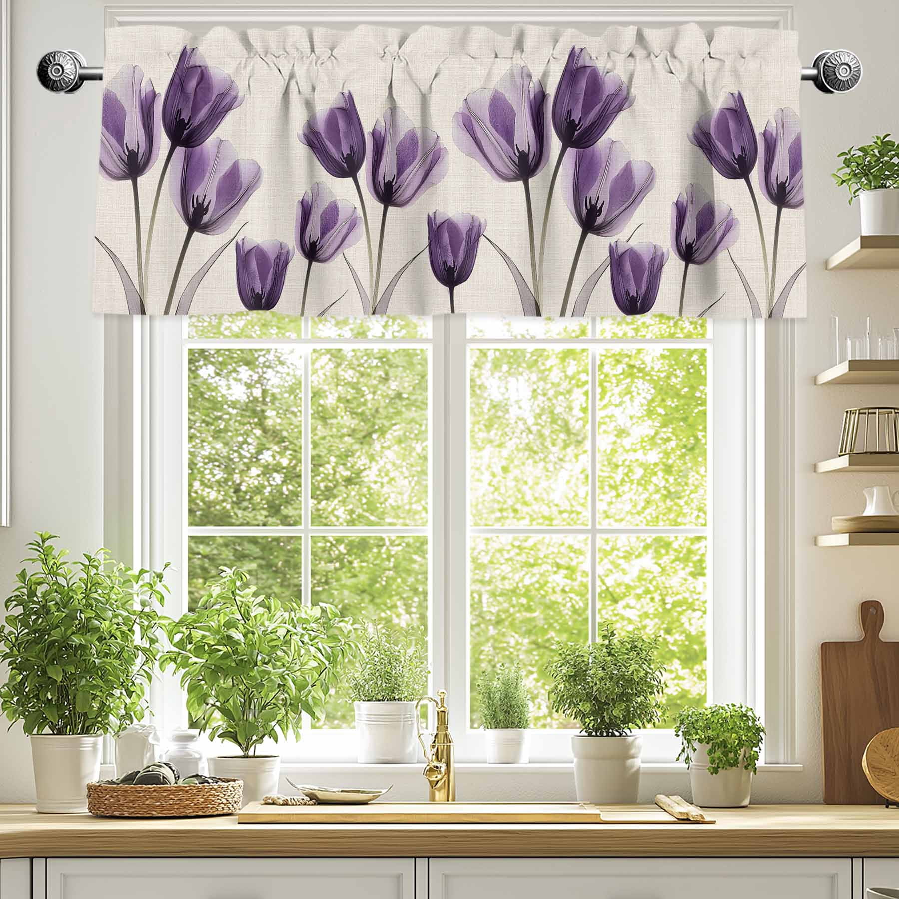 Purple Tulip Valances for Windows, 60 x 18in, Minimalist Modern Flowers Art Linen Background Rod Pocket Kitchen Valance Curtain Light Filtering Window Treatments for Living Room Bedroom, 1 Panel