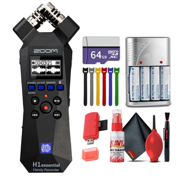 Zoom H1essential 2-Track 32-Bit Float Portable Audio Recorder Bundle With Extreme Pro 64GB microSDXC Memory Card   Cleaning kit   6 Pack Wire Straps   USB Card Reader