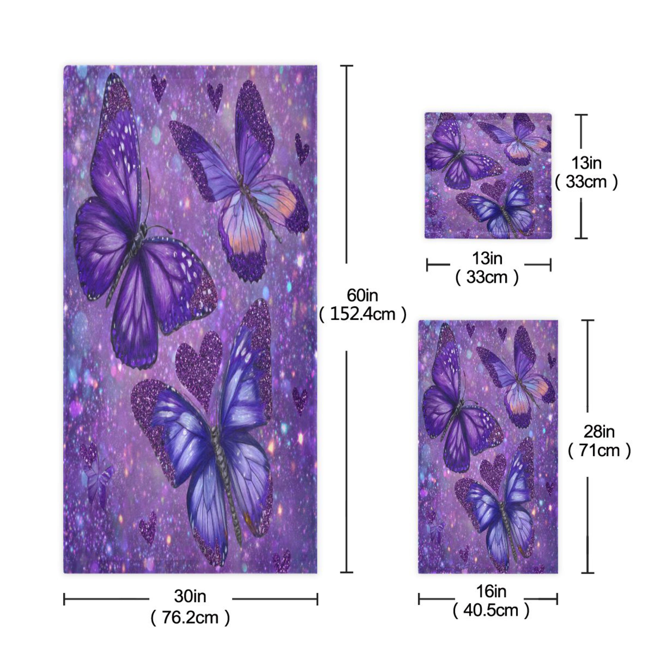 3 Sizes of Towel Sets Including Bath Towel Hand Towel and Washcloth for Daily Use Shimmering Purple Butterflies