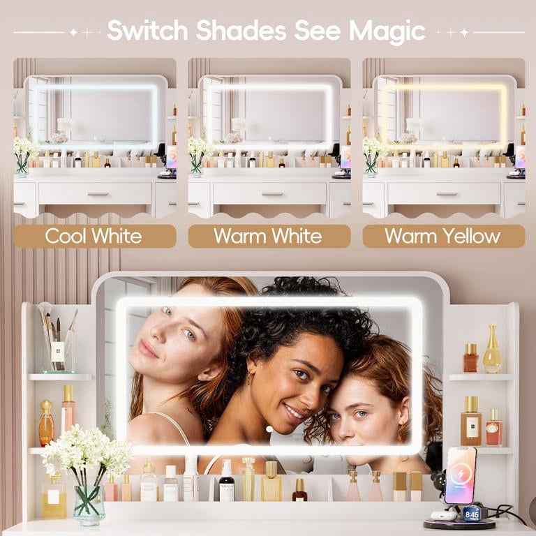 Homall Makeup Vanity Set with Mirror, Vanity Desk with LED Mirror & Charging Station, Vanity Table with Storage Drawers & Shelves for Bedroom Dressing Room, White