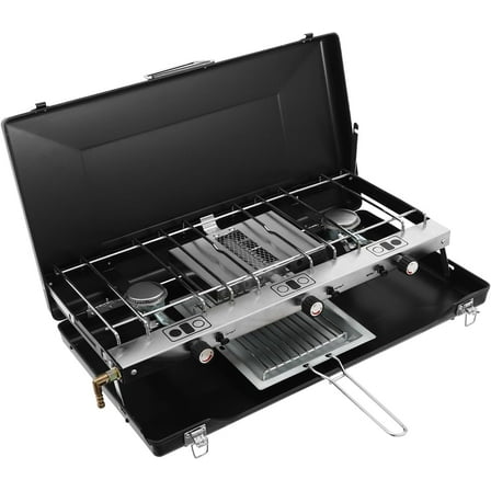 Tabletop 3-in-1 Gas Camping Stove, Portable Folding Outdoor Camping Cooking Stove with 3/1.5KW Burner and Adjustable Burners, Wind Guards(Propane at 37mbar, Butane at 28-30mbar), Black