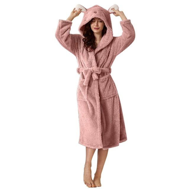 Albornoz de franela con doble bolsillo y capucha con orejas 3D para mujer - Terciopelo suave, absorbente, ropa informal para estar por casa, varias tallas