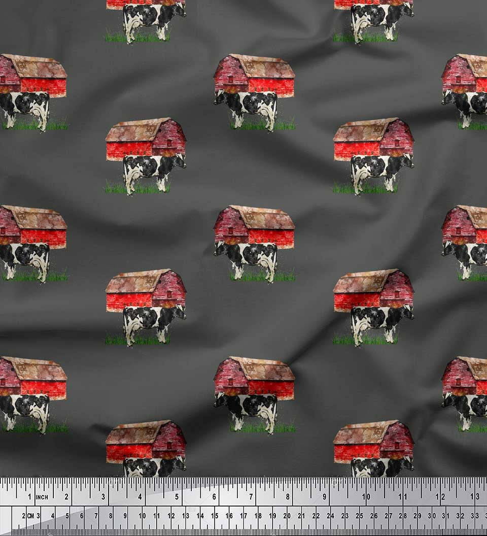 Soimoi Gray Velvet Fabric Barn & Cow Farm Print Fabric by the Yard 60 ...