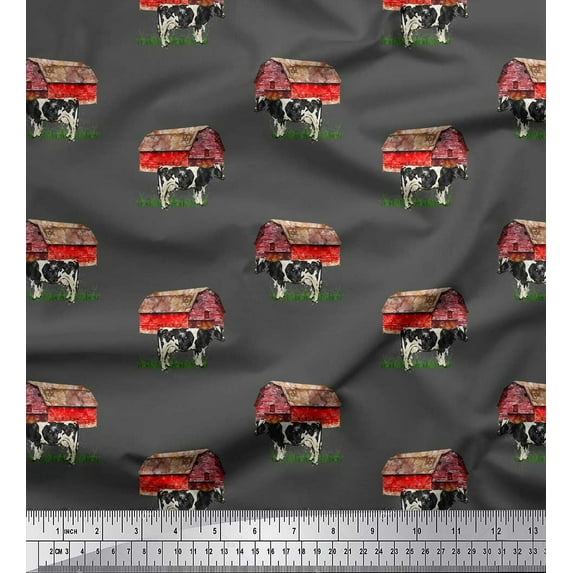 Soimoi Gray Moss Georgette Fabric Barn & Cow Farm Printed Craft Fabric by the Yard 44 Inch Wide